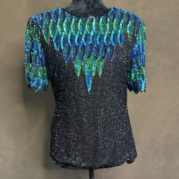 80s Women Stenay Sequin Blouse Top Black Blue Green Beaded Party Glam Occasion - Picture 1 of 11